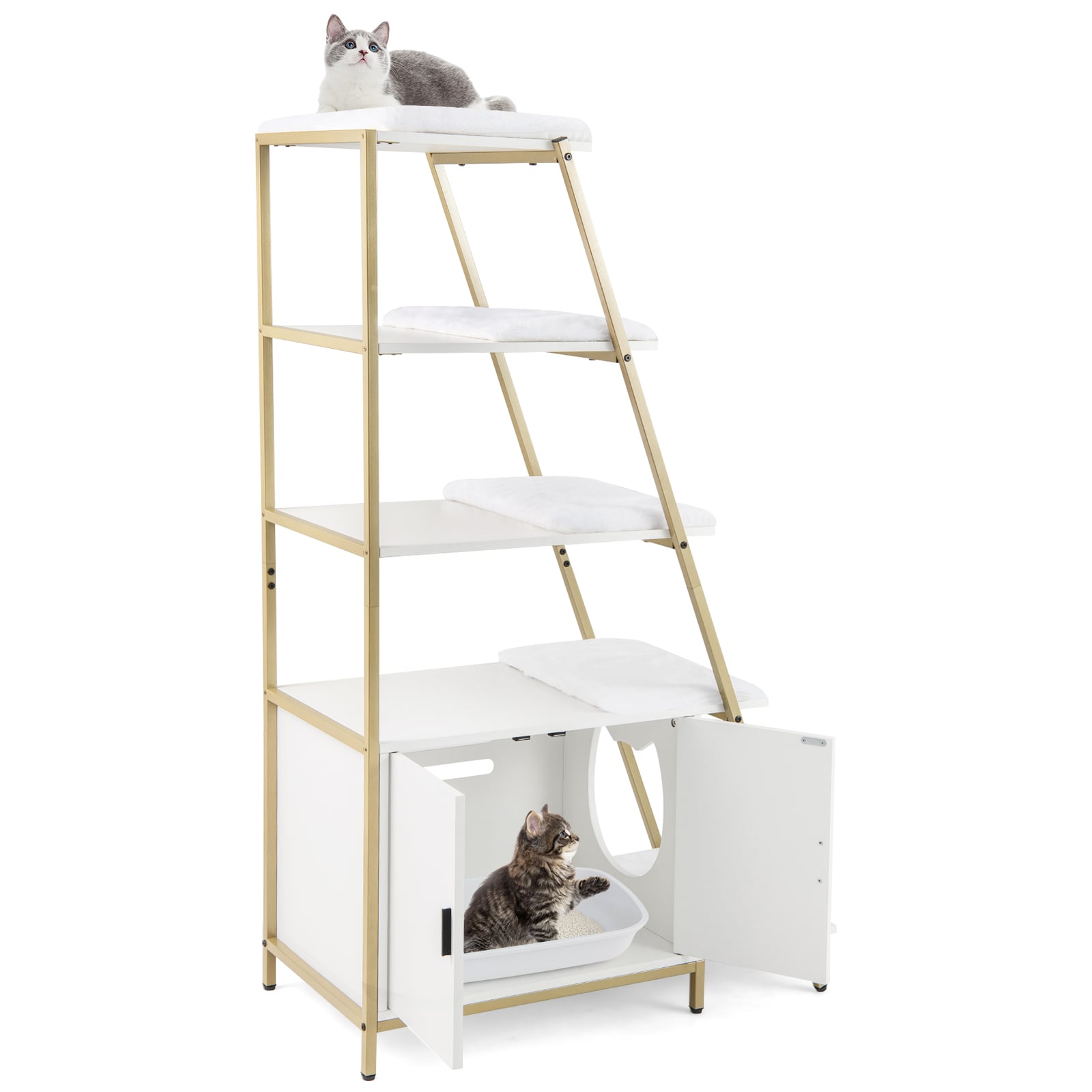 Large Cat Litter Box Enclosure with Storage and Removable Plush Mats-White