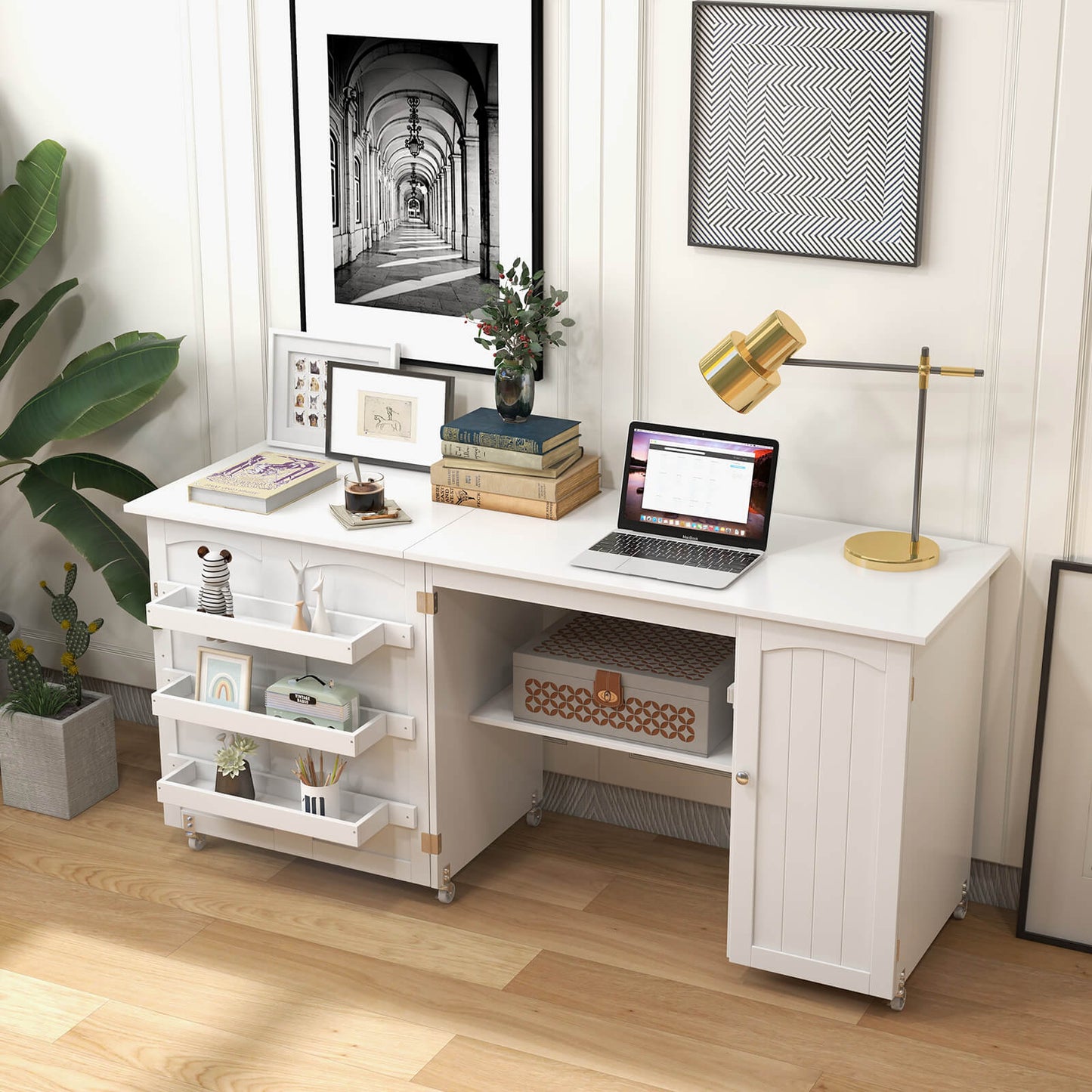 Large Foldable Sewing Table with Lockable Casters-White