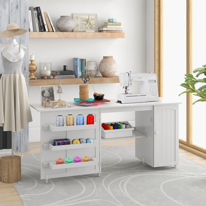 Large Foldable Sewing Table with Lockable Casters-White