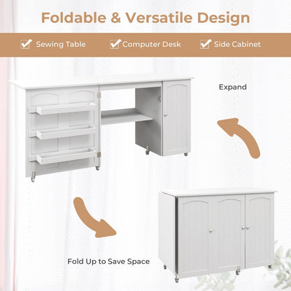 Large Foldable Sewing Table with Lockable Casters-White