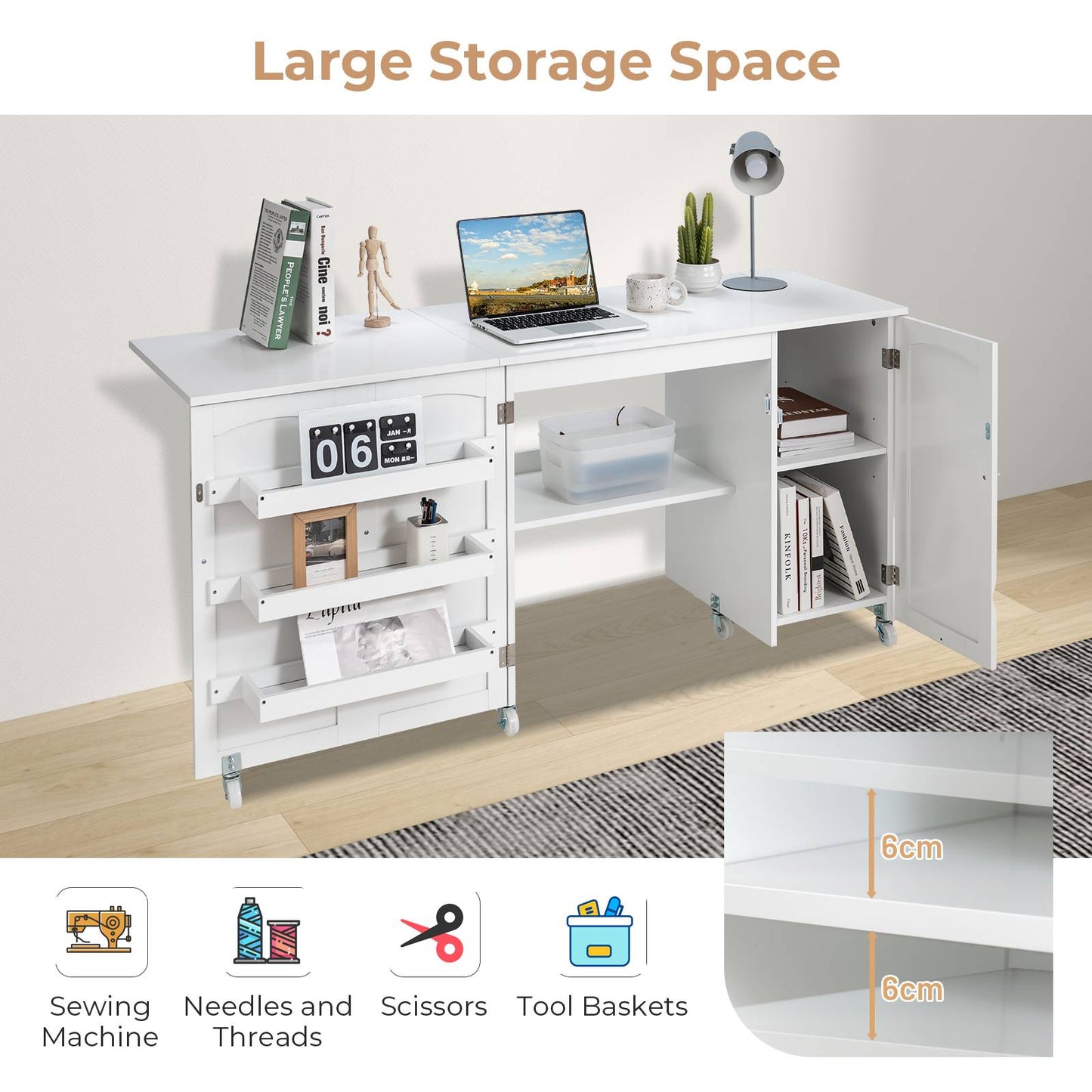 Large Foldable Sewing Table with Lockable Casters-White