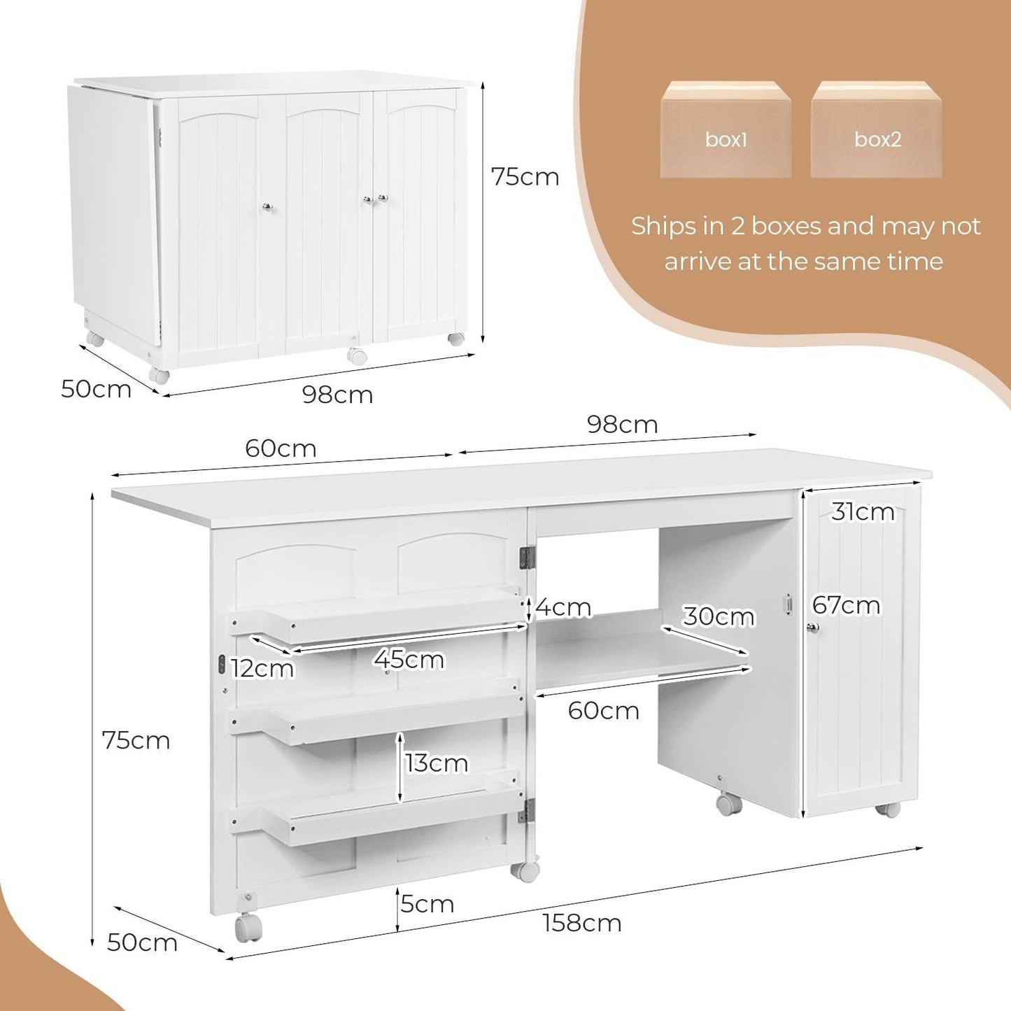 Large Foldable Sewing Table with Lockable Casters-White