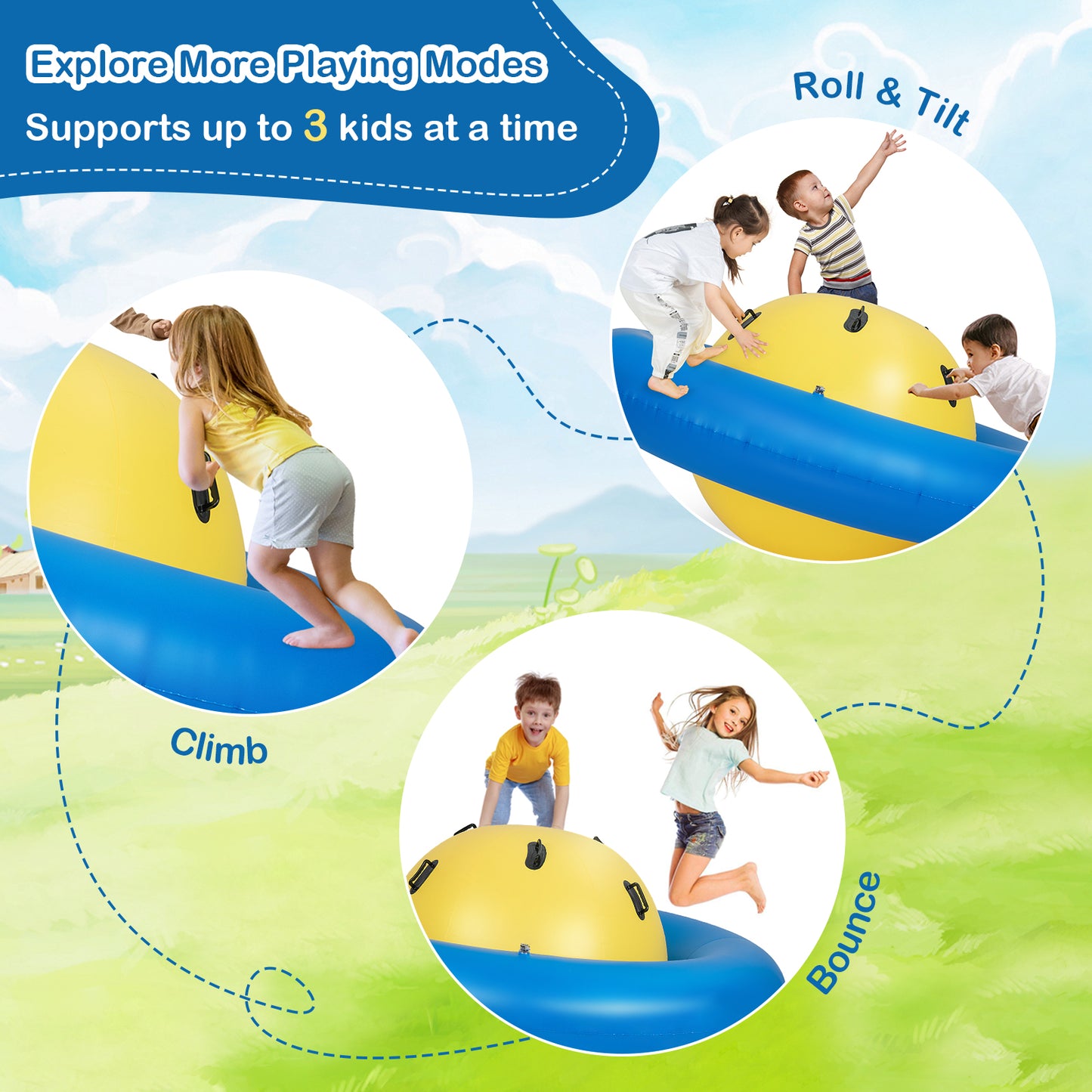 Inflatable Dome Rocker Bouncer for Kids with 6 Built-in Handles-Yellow