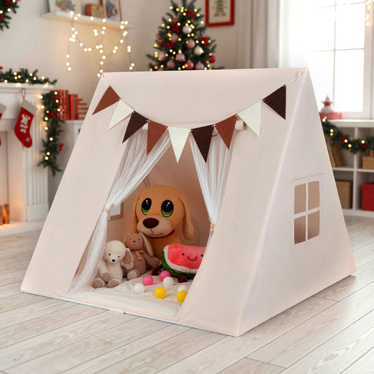 Large Kids Playhouse Tent with Washable Padded Mat and Colorful Flags-Beige
