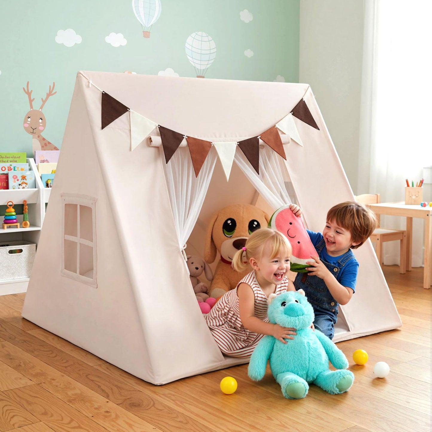 Large Kids Playhouse Tent with Washable Padded Mat and Colorful Flags-Beige