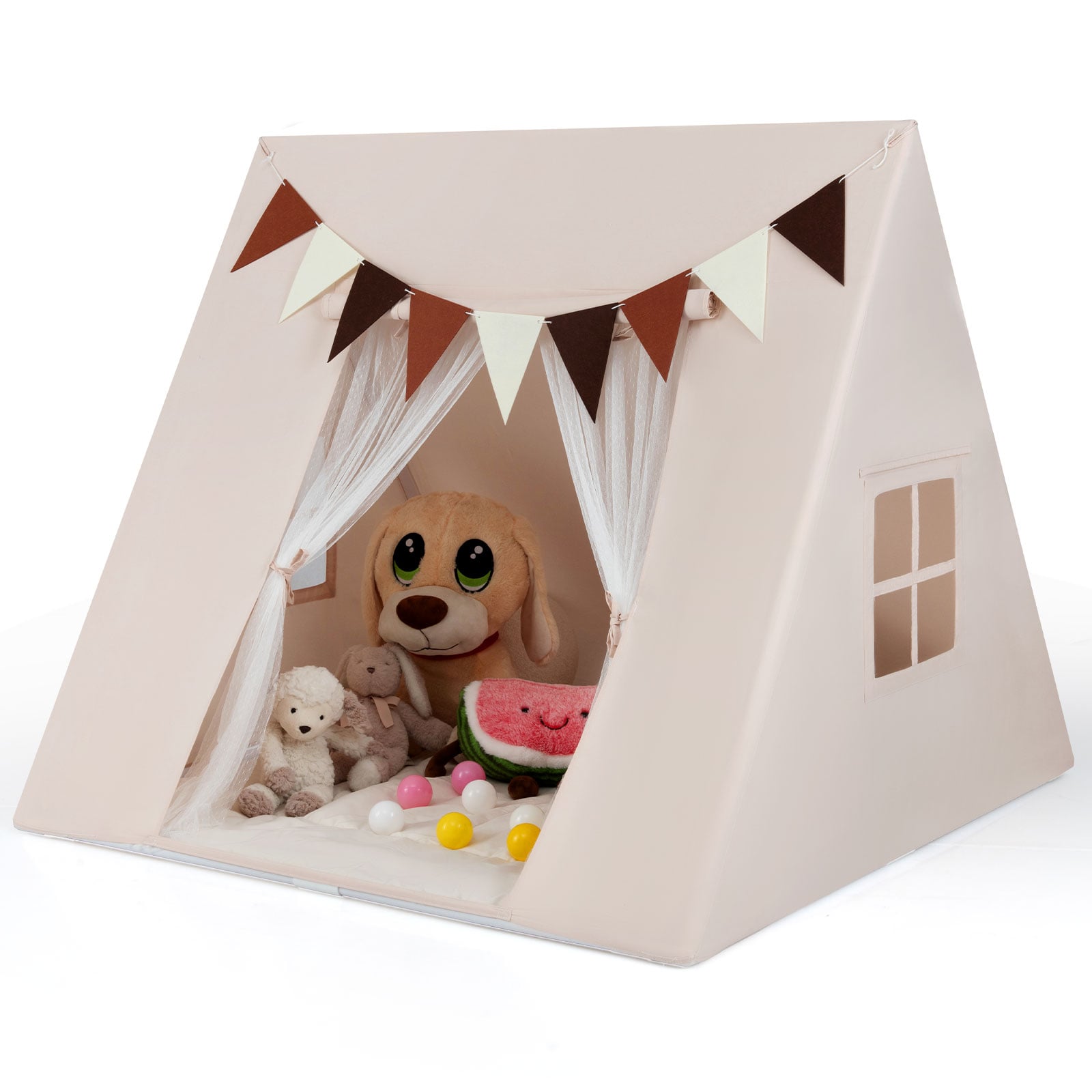 Large Kids Playhouse Tent with Washable Padded Mat and Colorful Flags-Beige