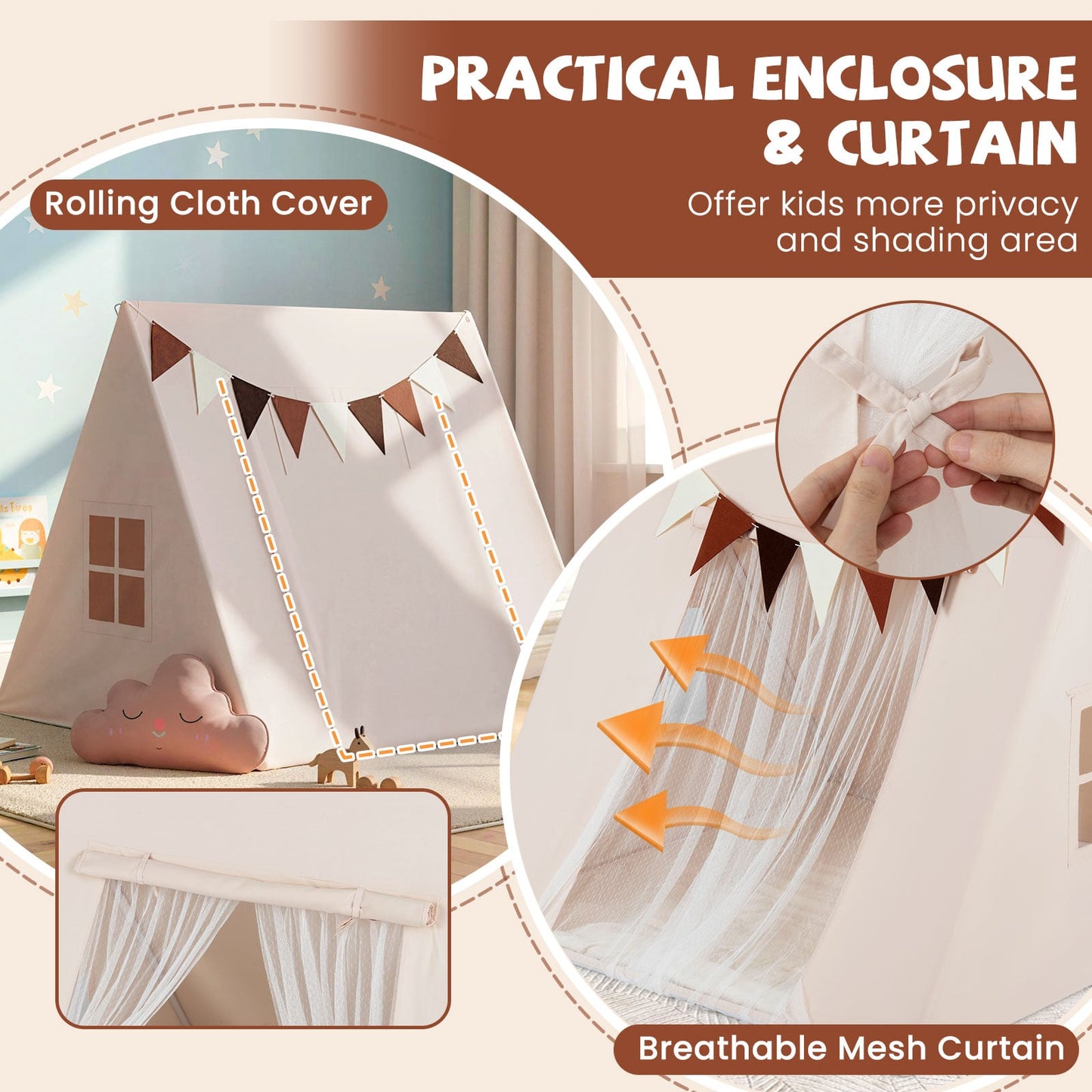 Large Kids Playhouse Tent with Washable Padded Mat and Colorful Flags-Beige
