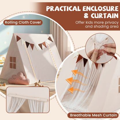Large Kids Playhouse Tent with Washable Padded Mat and Colorful Flags-Beige