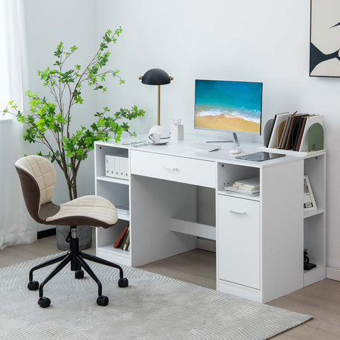 Large Sewing Craft Table with Drawers and Open Storage Shelves-White