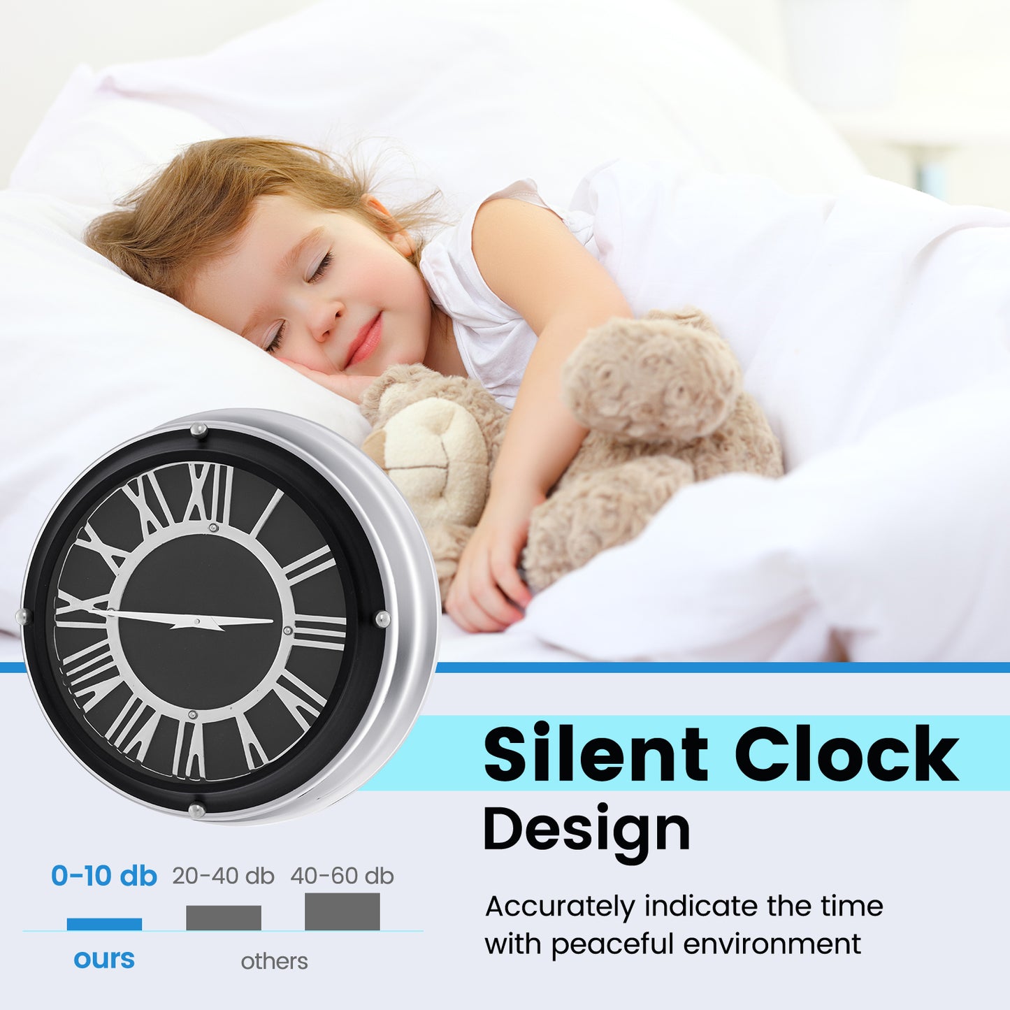 14/17.5 Inch Silent Wall Clock with Silver Frame-S