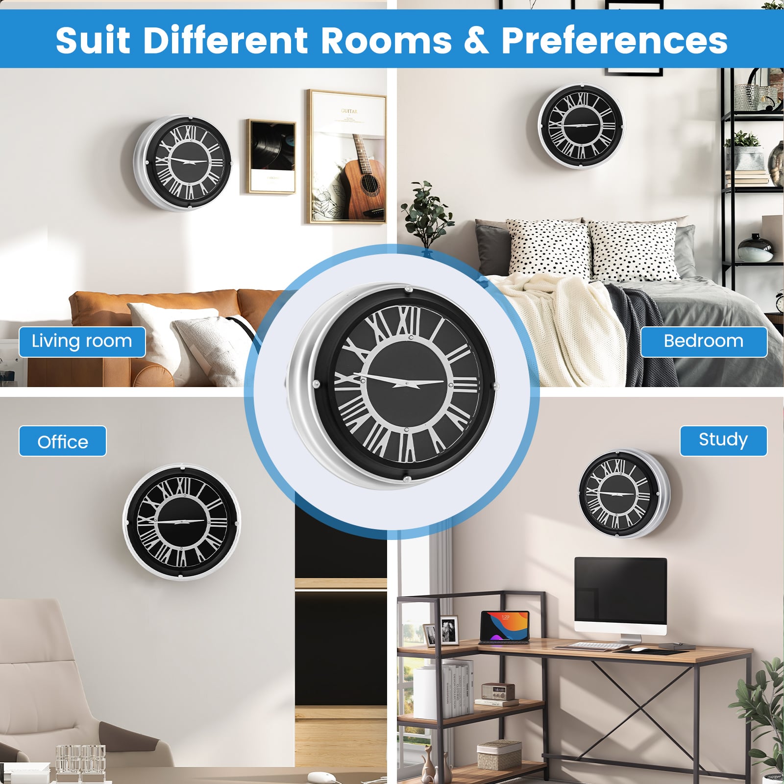14/17.5 Inch Silent Wall Clock with Silver Frame-S