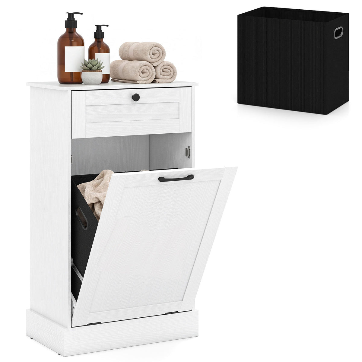 Laundry Cabinet with Tilt Out Hamper Drawer and Removable Bin for Bathroom-White