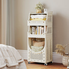 3/4-Tier Laundry Cart with Large Hamper and Lockable Wheels-Beige-4-Tier