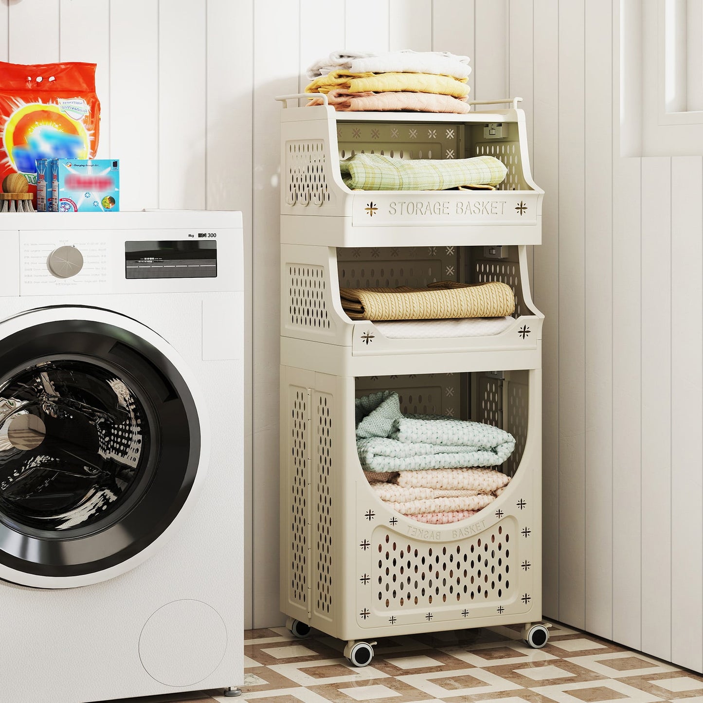 3/4-Tier Laundry Cart with Large Hamper and Lockable Wheels-Beige-4-Tier