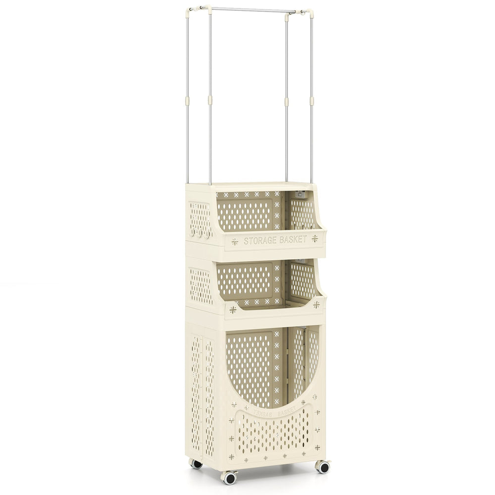 2-in-1 3/4-Tier Laundry Cart with Hanging Bar and Lockable Wheels-4-Tier-Beige