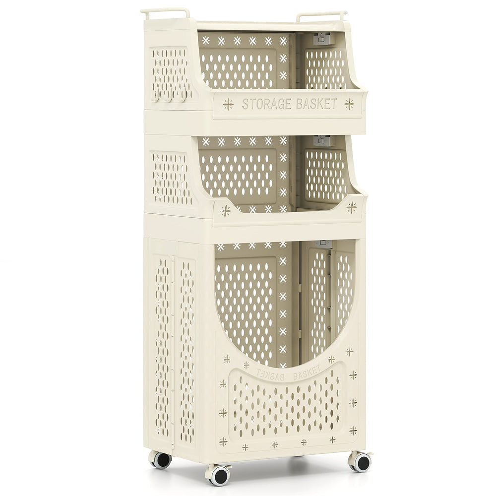 3/4-Tier Laundry Cart with Large Hamper and Lockable Wheels-Beige-4-Tier