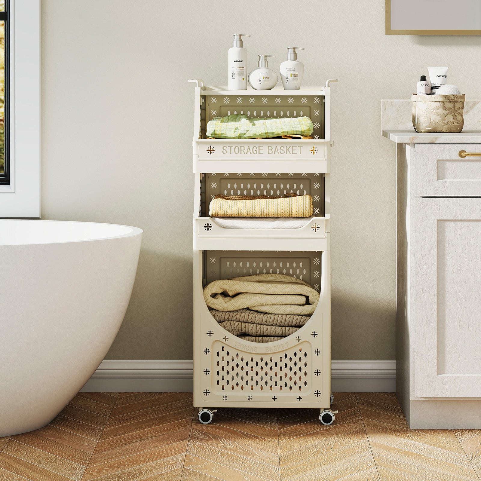 3/4-Tier Laundry Cart with Large Hamper and Lockable Wheels-Beige-4-Tier