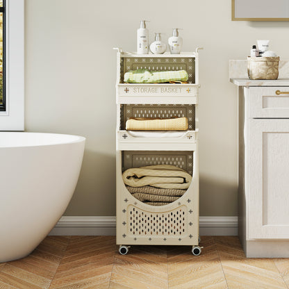 3/4-Tier Laundry Cart with Large Hamper and Lockable Wheels-Beige-4-Tier
