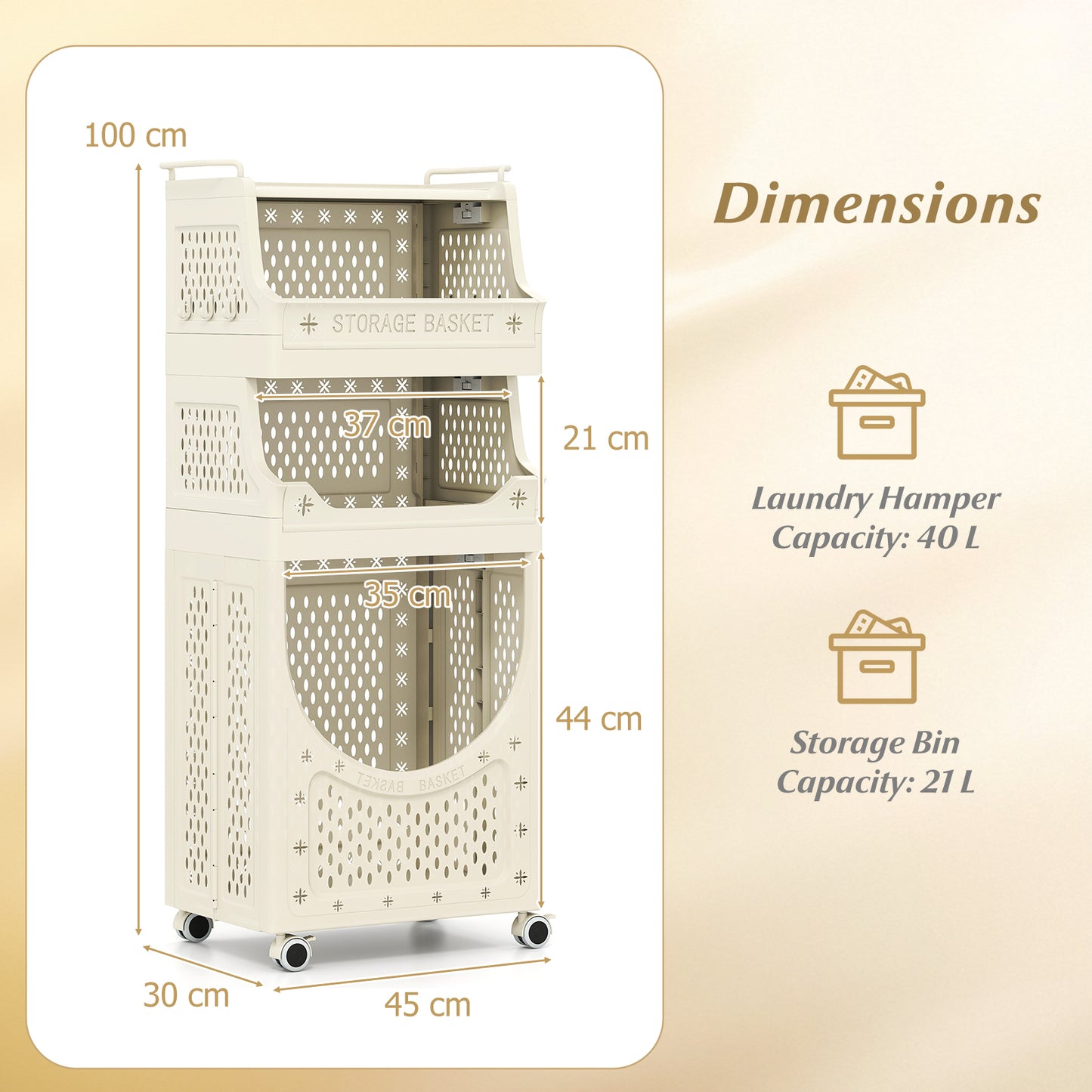 3/4-Tier Laundry Cart with Large Hamper and Lockable Wheels-Beige-4-Tier