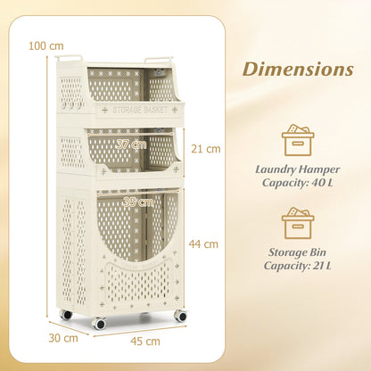 3/4-Tier Laundry Cart with Large Hamper and Lockable Wheels-Beige-4-Tier