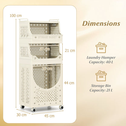 3/4-Tier Laundry Cart with Large Hamper and Lockable Wheels-Beige-4-Tier