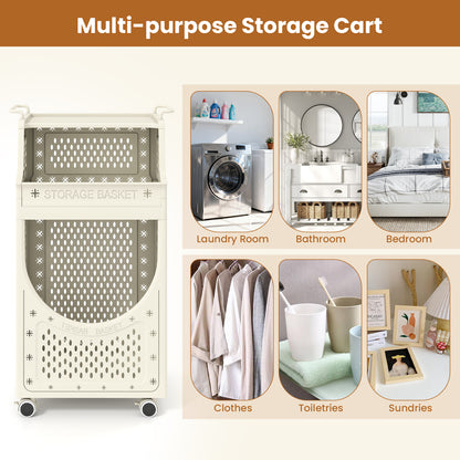 3/4-Tier Laundry Cart with Large Hamper and Lockable Wheels-Beige-3-Tier