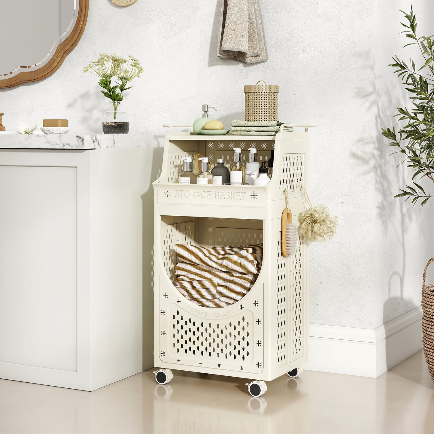 3/4-Tier Laundry Cart with Large Hamper and Lockable Wheels-Beige-3-Tier