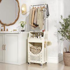 2-in-1 3/4-Tier Laundry Cart with Hanging Bar and Lockable Wheels-3-Tier-Beige