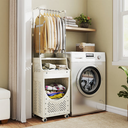 2-in-1 3/4-Tier Laundry Cart with Hanging Bar and Lockable Wheels-3-Tier-Beige