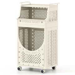 3/4-Tier Laundry Cart with Large Hamper and Lockable Wheels-Beige-3-Tier
