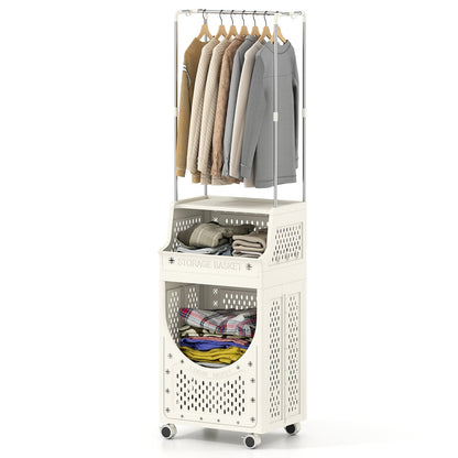 2-in-1 3/4-Tier Laundry Cart with Hanging Bar and Lockable Wheels-3-Tier-Beige
