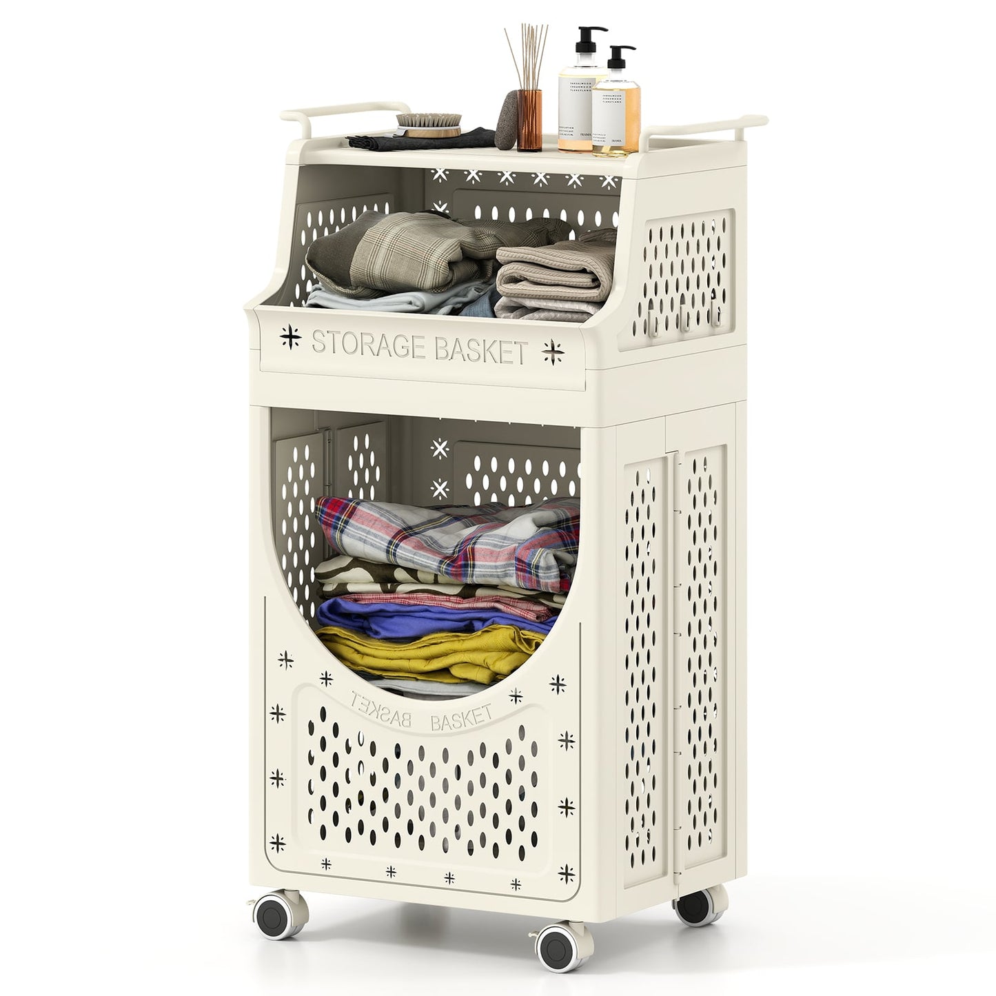 3/4-Tier Laundry Cart with Large Hamper and Lockable Wheels-Beige-3-Tier