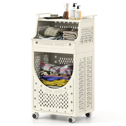 3/4-Tier Laundry Cart with Large Hamper and Lockable Wheels-Beige-3-Tier