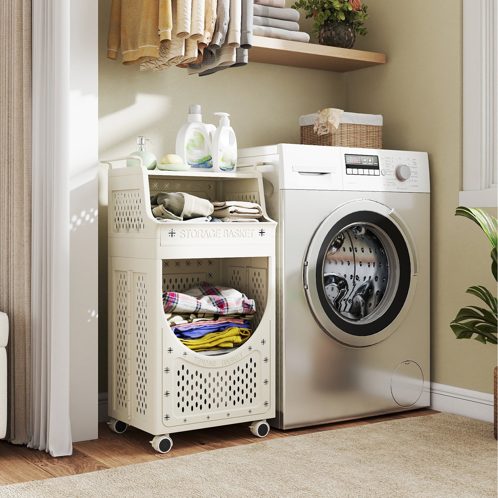 3/4-Tier Laundry Cart with Large Hamper and Lockable Wheels-Beige-3-Tier