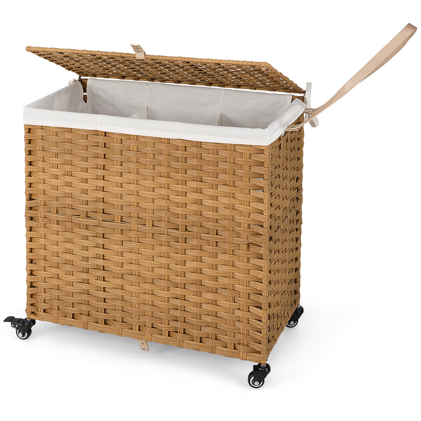Laundry Hamper with Lid and Wheels and 2 Removable and Washable Liner Bags-Natural