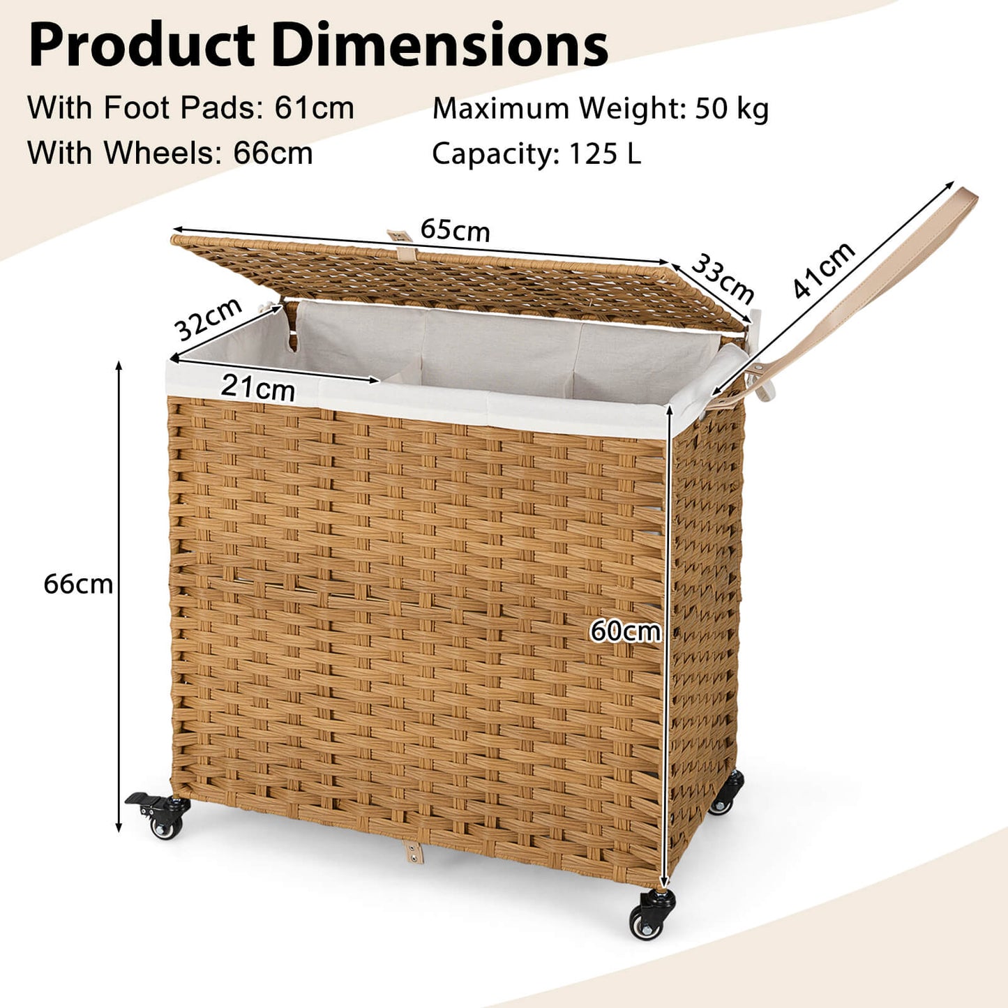 Laundry Hamper with Lid and Wheels and 2 Removable and Washable Liner Bags-Natural