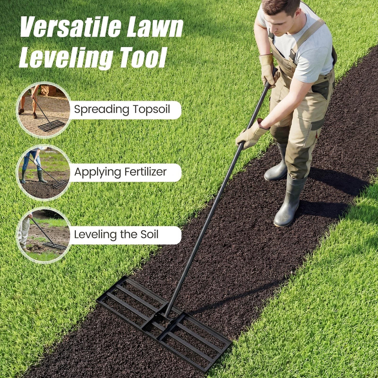 Lawn Leveling Rake Heavy Duty Lawn Level Tool for Soil Farm-Black