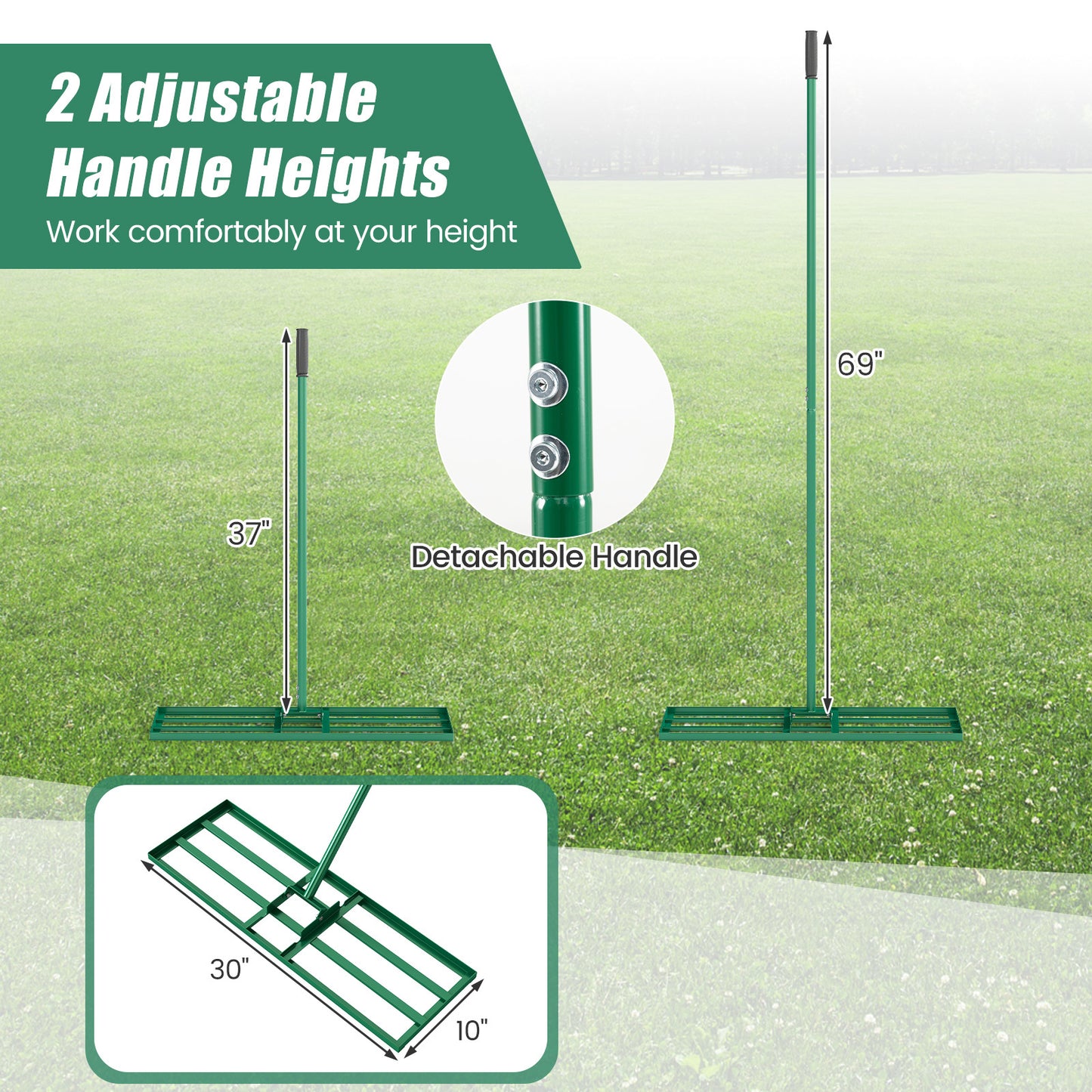 Lawn Leveling Rake Heavy Duty Lawn Level Tool for Soil Farm-Green