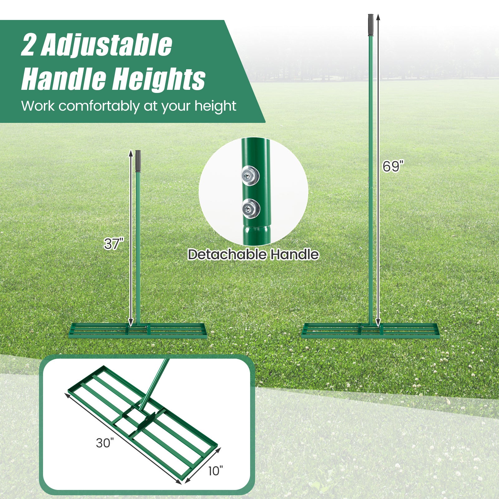 Lawn Leveling Rake Heavy Duty Lawn Level Tool for Soil Farm-Green
