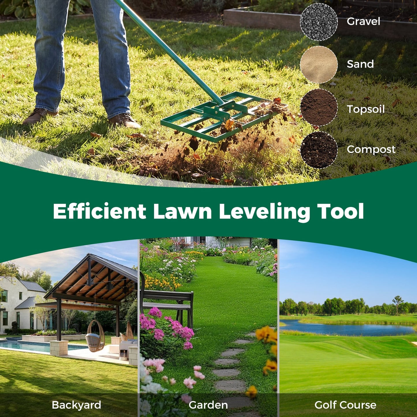 Lawn Leveling Rake Heavy-Duty Metal Levelawn Tool with 43 x 25 cm Plate-Green