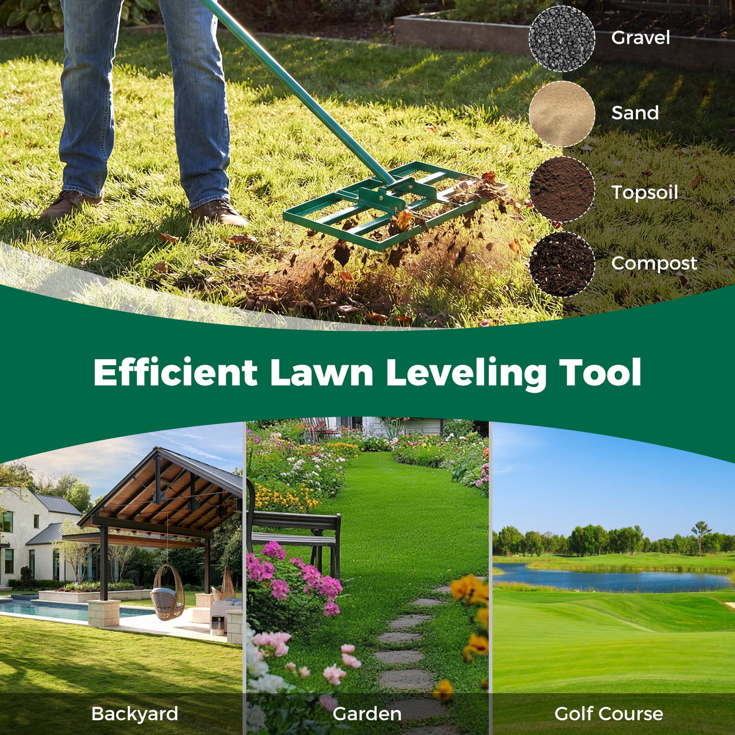 Lawn Leveling Rake Heavy-Duty Metal Levelawn Tool with 43 x 25 cm Plate-Green