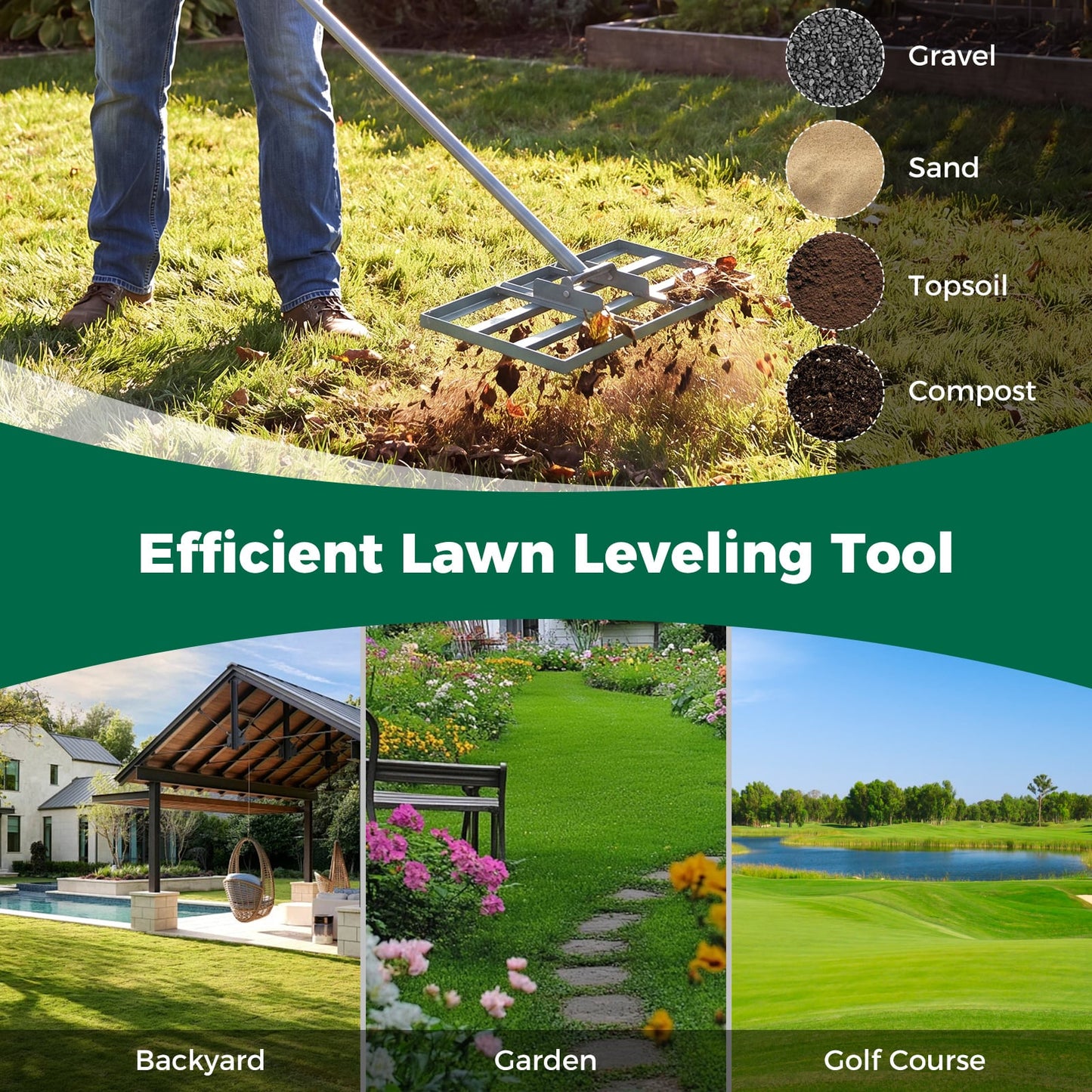Lawn Leveling Rake Heavy-Duty Metal Levelawn Tool with 43 x 25 cm Plate-Silver