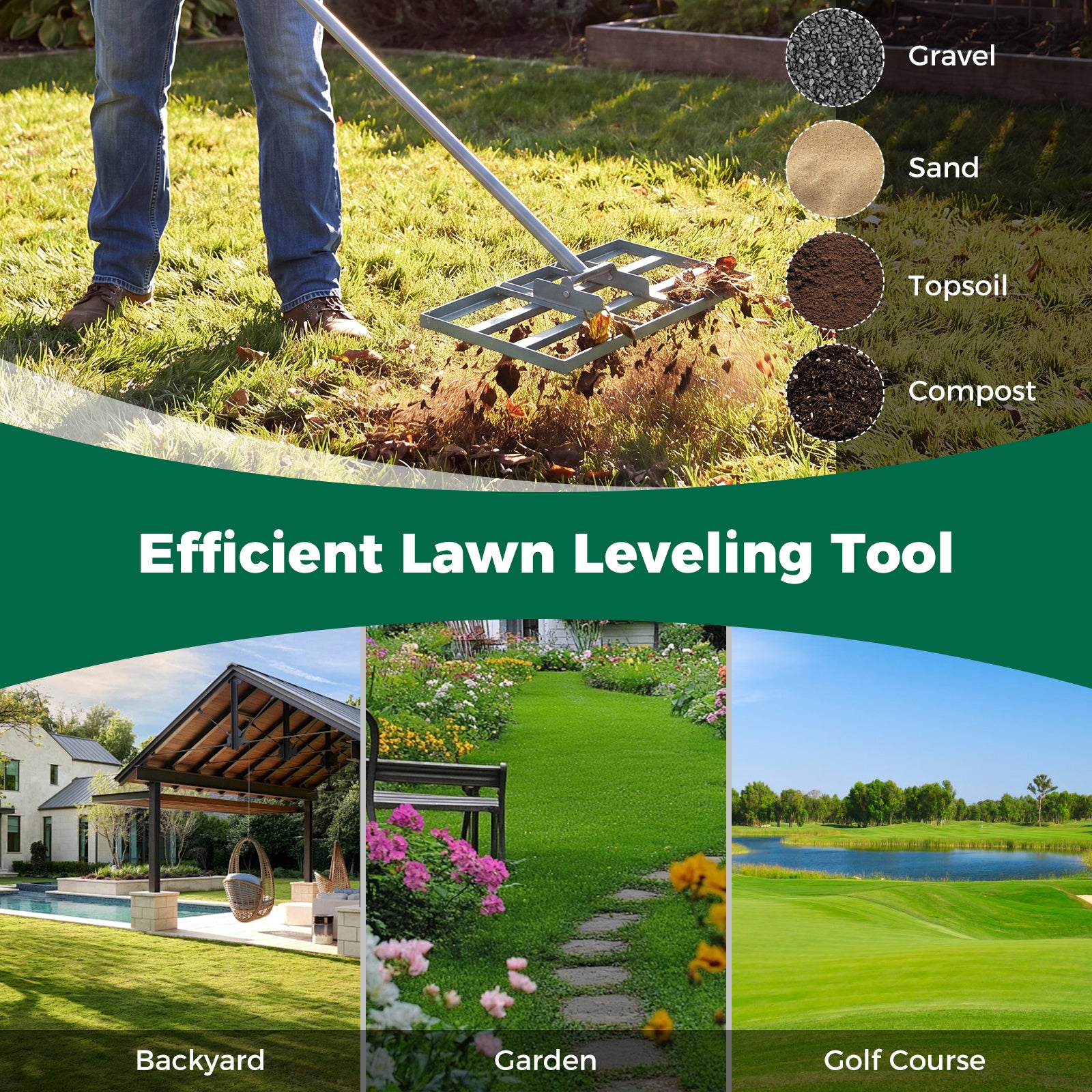 Lawn Leveling Rake Heavy-Duty Metal Levelawn Tool with 43 x 25 cm Plate-Silver