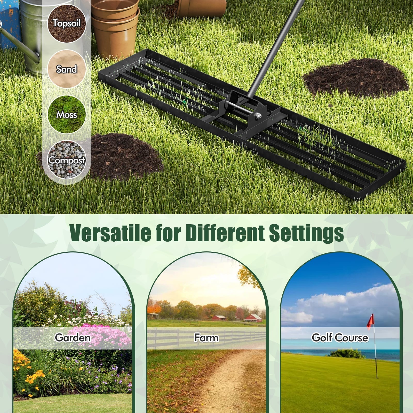 75/91/106 x 25cm Lawn Leveling Rak with Ergonomic Handle-117 x 25 cm-Black