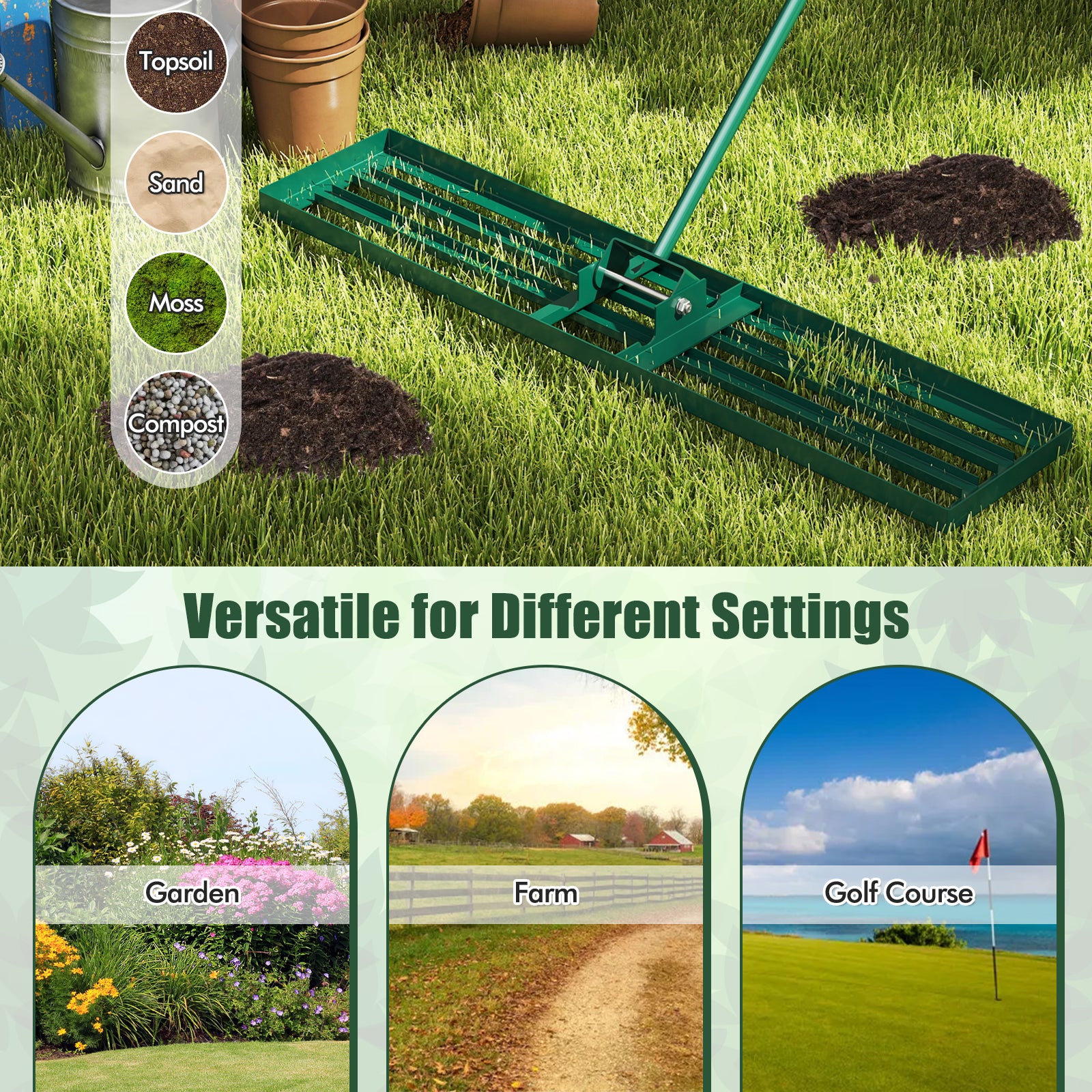 75/91/106 x 25cm Lawn Leveling Rak with Ergonomic Handle-117 x 25 cm-Green