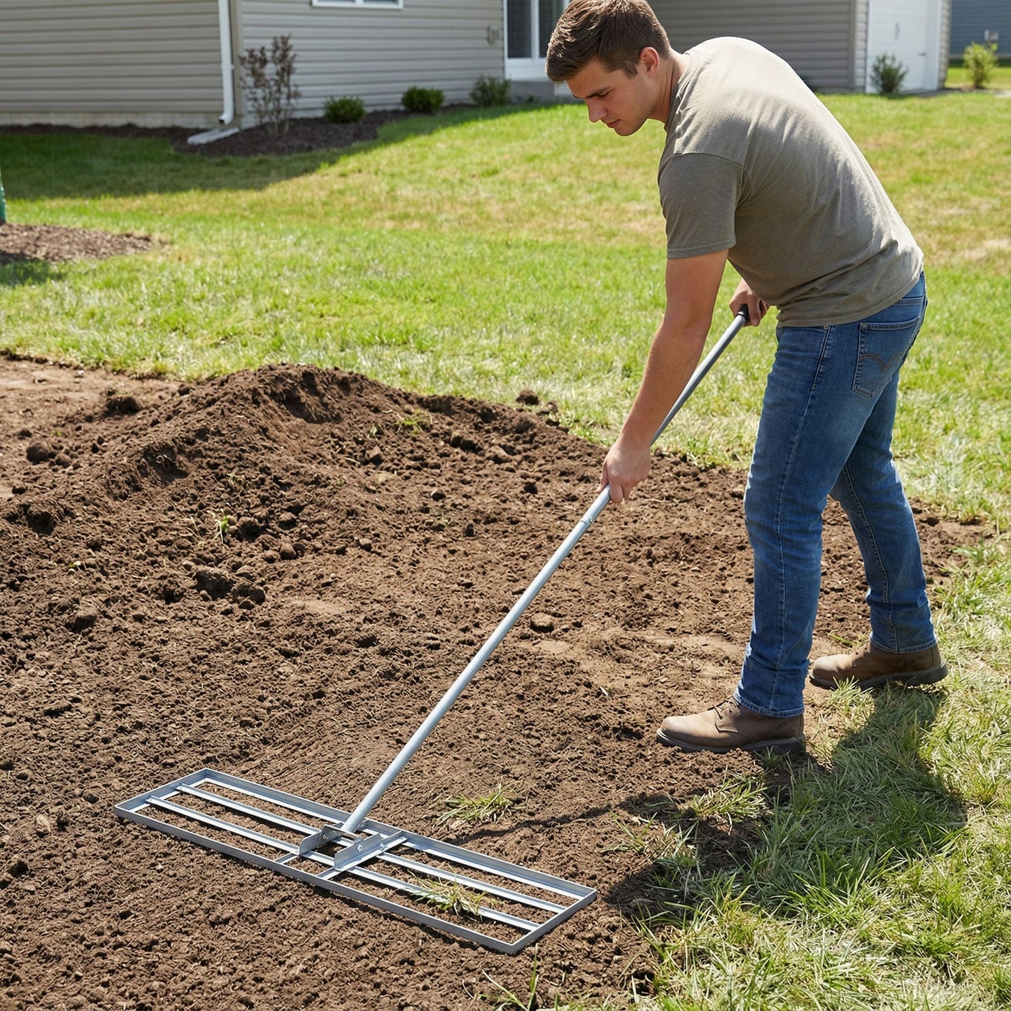 Lawn Leveling Rake with 177cm Adjustable Long Handle and Anti-Slip Grip-Silver