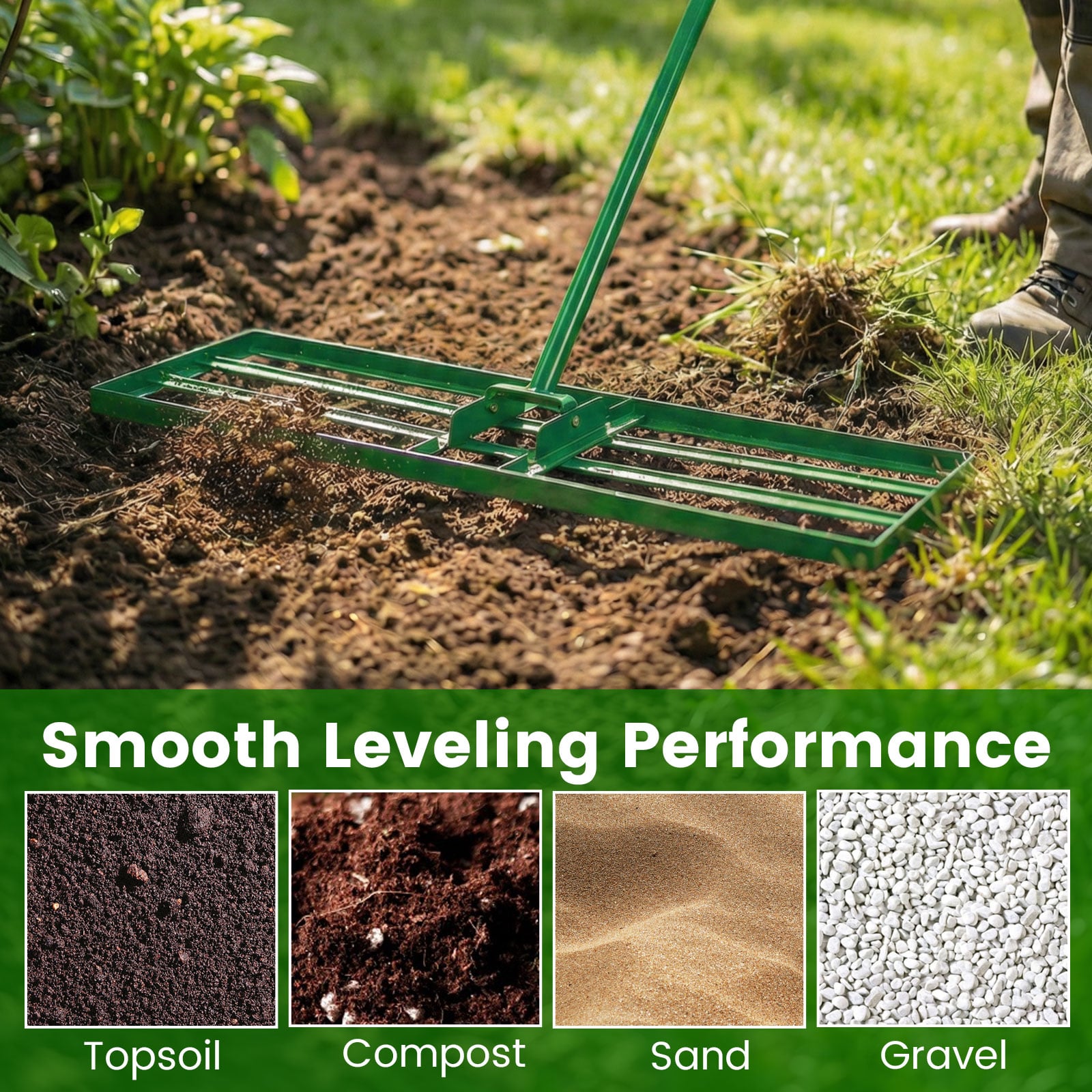 Lawn Leveling Rake with Adjustable Handle and Rotating U-Head for Topsoil-Green