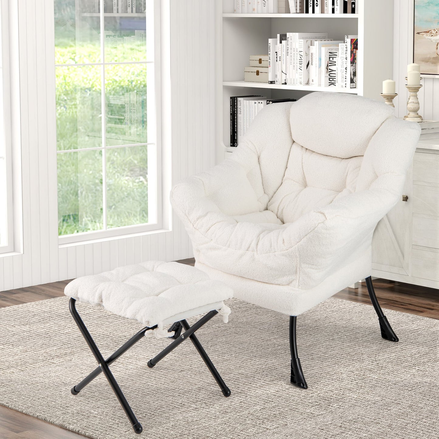 Lazy Chair with Ottoman and Folding Footrest for Living Room-Beige