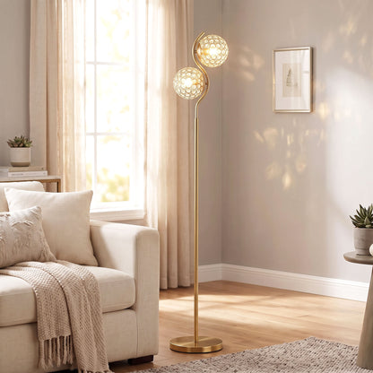 HOMCOM Floor Lamp with Crystal Globe Shades, Modern Dual Head Standing Lamp with Foot Switch and Weighted Base, Copper