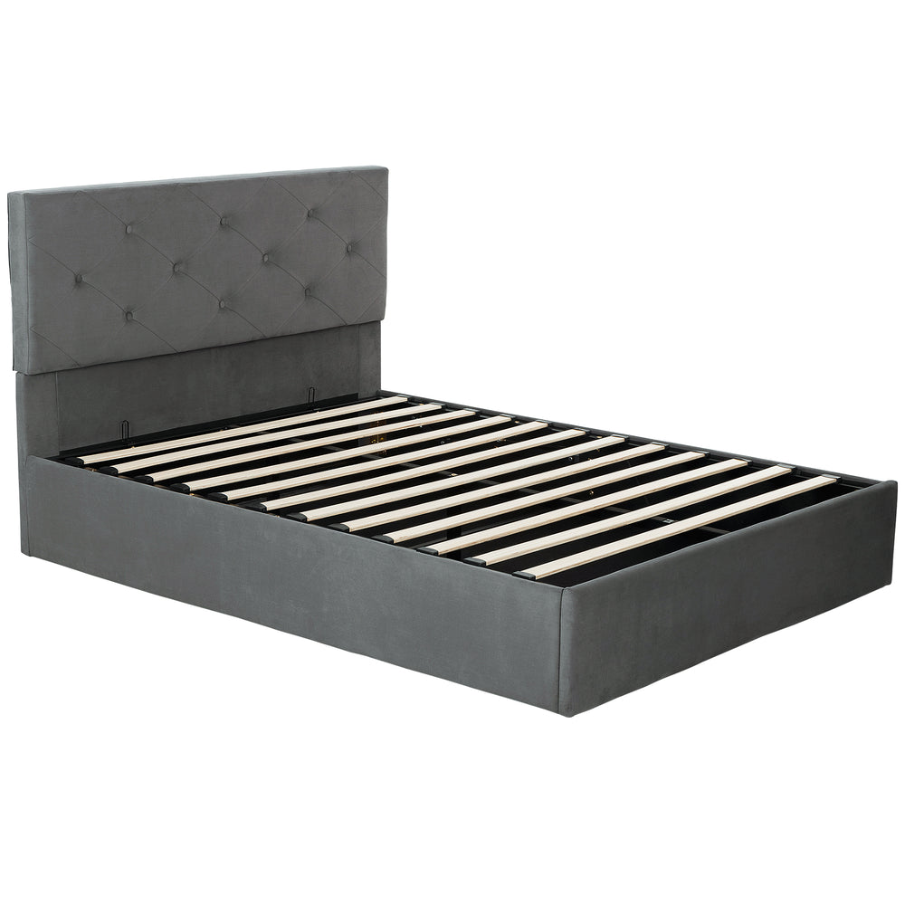 HOMCOM Double Bed Frame Gas Side Lift Under Bed Storage Upholstered Platform Bed Tufted Headboard for 140 x 190 cm Mattress